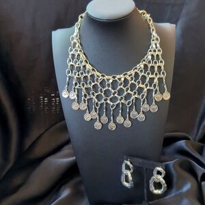 Vintage Silver Bib Coin Necklace . Comes with Earrings